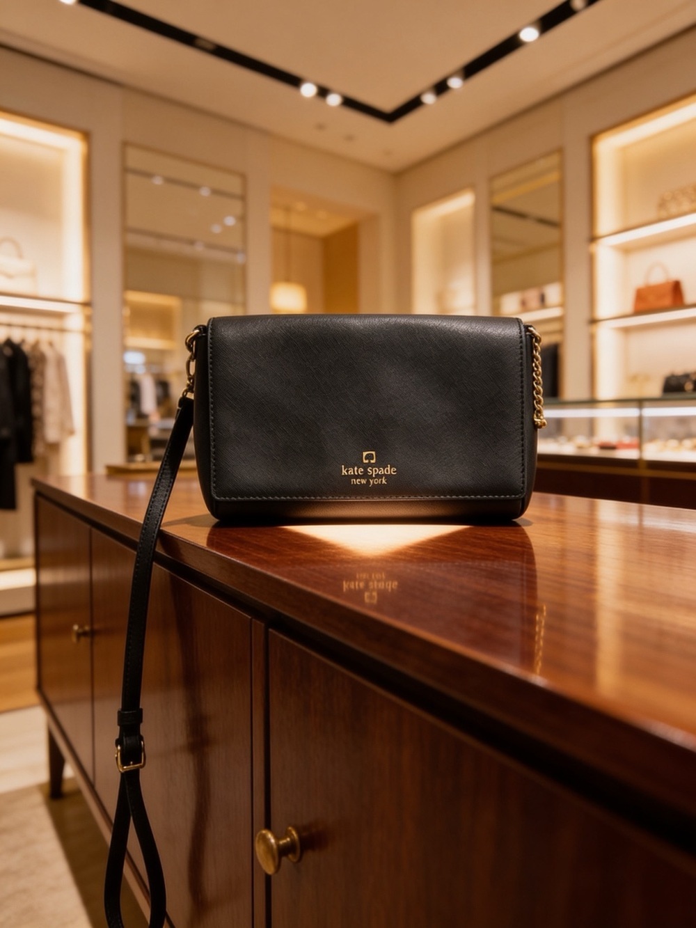 kate spade Black Leather Crossbody with Gold Chain Accent